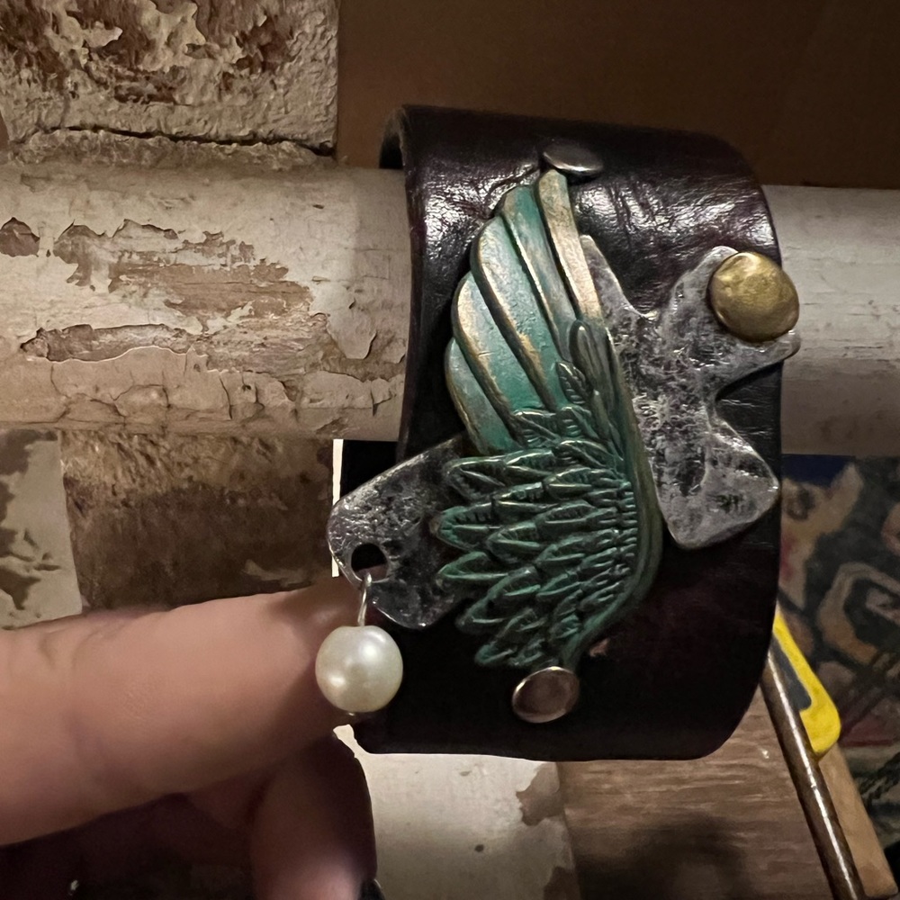 Brown leather bracelet w cross angel wing & pearl